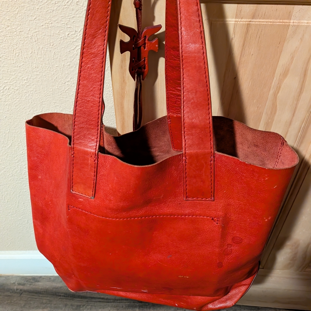Frye Orange-Red Leather Tote with Front Slip Pocket